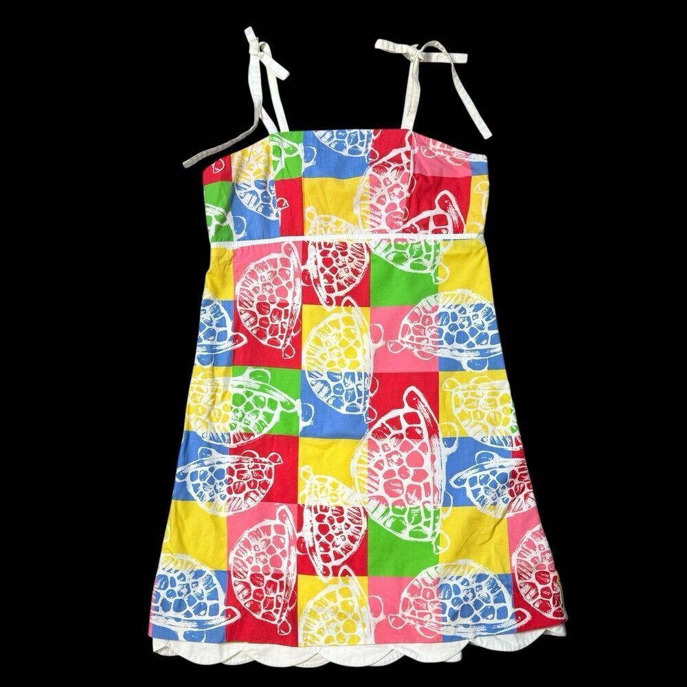 Lilly Pulitzer Girls Carolina Dress Size 8 Patchwork Turtles Tropical Preppy Bow